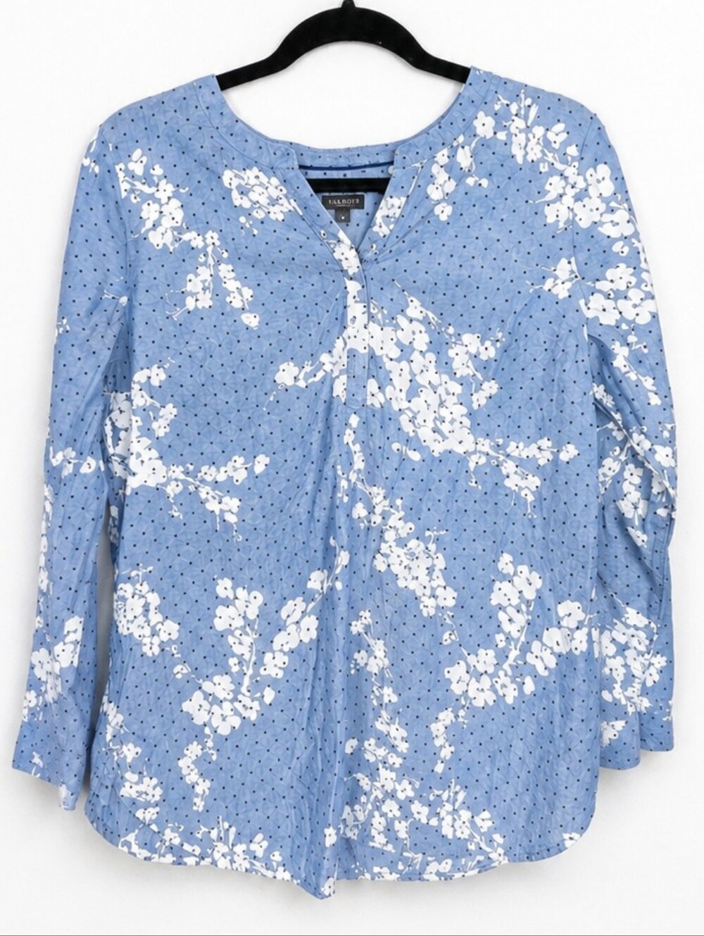 Talbots Blue Floral Polka Dot Cotton Popover Blouse Women's Medium Cottagecore